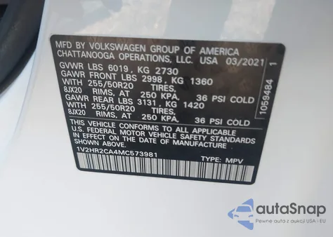 2021 Volkswagen Atlas 3.6L V6 Se W/Technology z USA, uszkodzony, nr VIN 1V2HR2CA4MC573981